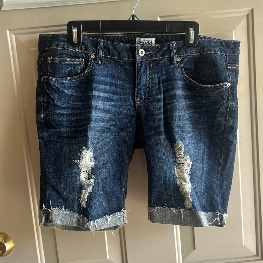 Ripped Mid Length Jean Shorts